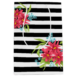 Seamless pink flowers floral black white striped l medium gift bag
