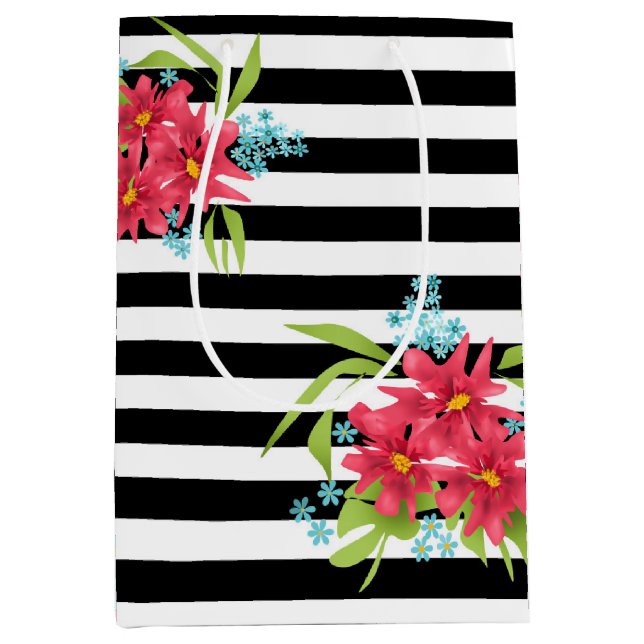 Seamless pink flowers floral black white striped l medium gift bag (Front)