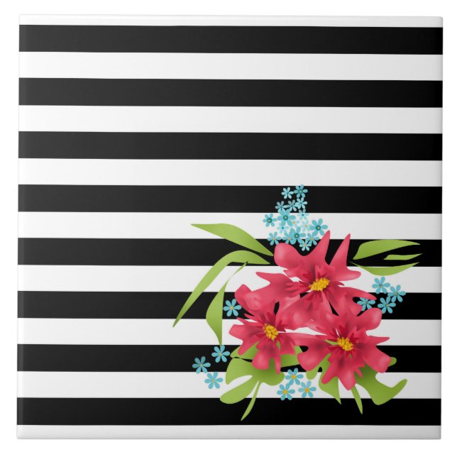 Seamless pink flowers floral black white striped l tile (Front)