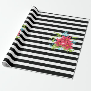 Seamless pink flowers floral black white striped l wrapping paper