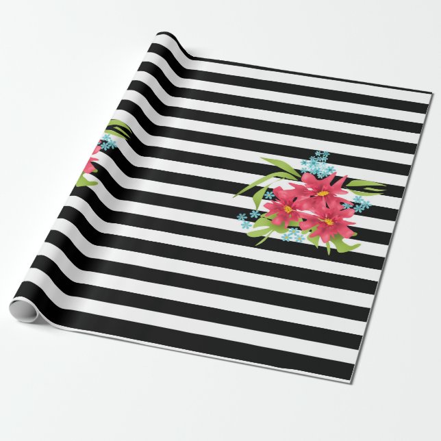 Seamless pink flowers floral black white striped l wrapping paper (Unrolled)