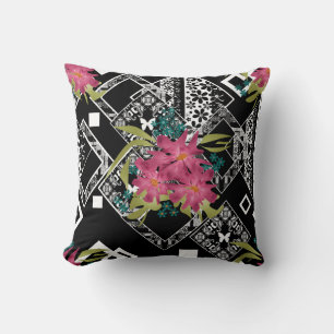 Seamless pink flowers floral ornamental black whit cushion