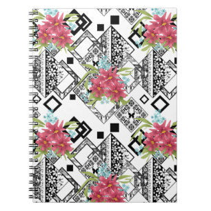 Seamless pink flowers floral ornamental black whit notebook
