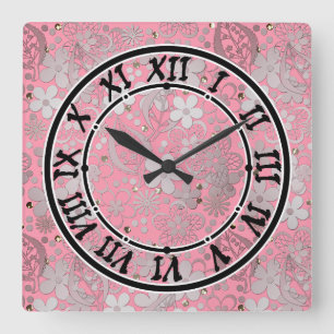 Seamless pink lace romantic flowers floral pattern square wall clock