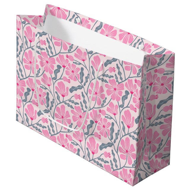 Seamless Pink Mid-Century Modern Floral Pattern Large Gift Bag (Front Angled)