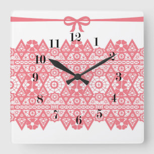 Seamless pink romantic elegant lace lacy bow white square wall clock