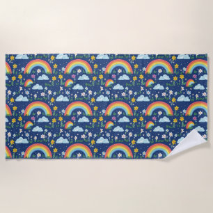 Seamless Rainbow, Flowers, and Clouds Pattern Beach Towel