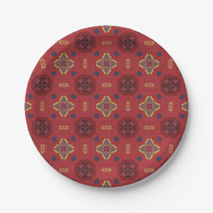 Seamless red pattern featuring ornate, symmetrical paper plate