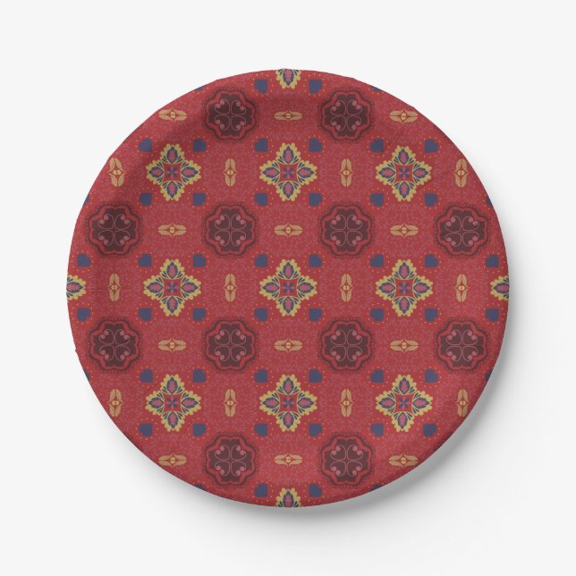 Seamless red pattern featuring ornate, symmetrical paper plate (Front)