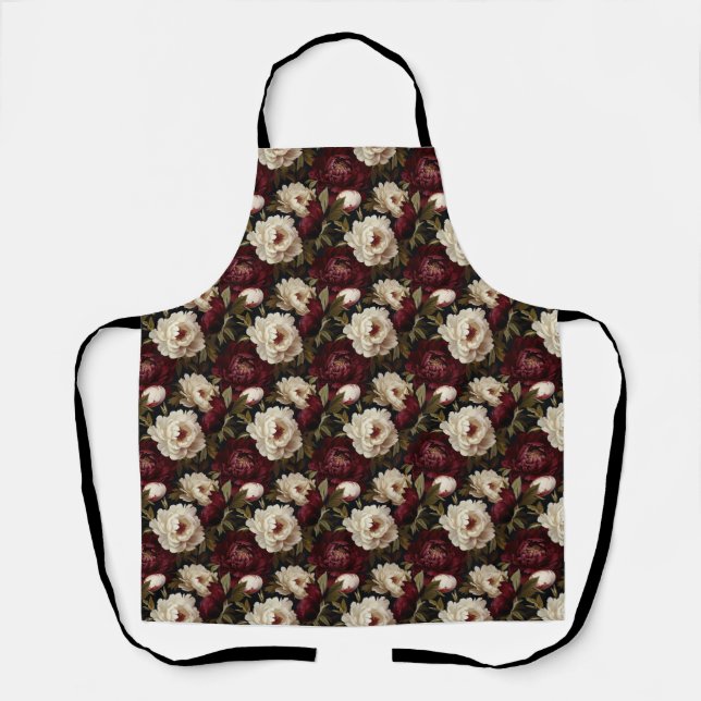 Seamless Red, White, and Black Peony Flower Apron (Front)