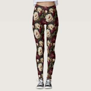 Seamless Red, White, and Black Peony Flower Leggings