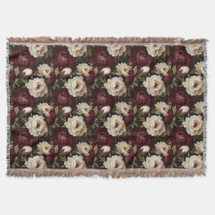 Seamless Red, White, and Black Peony Flower Throw Blanket