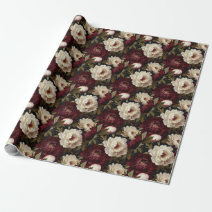 Seamless Red, White, and Black Peony Flower Wrapping Paper