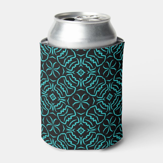 Seamless Repeating Pattern In Turquoise On Black Can Cooler (Can Front)