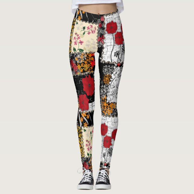 Seamless retro vintage patchwork quilting patches leggings (Front)