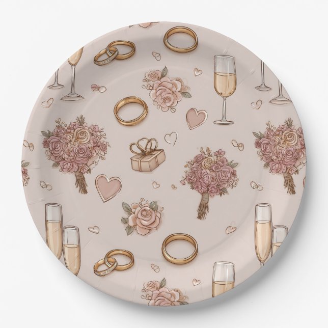 Seamless Romantic Wedding Pattern Paper Plate (Front)