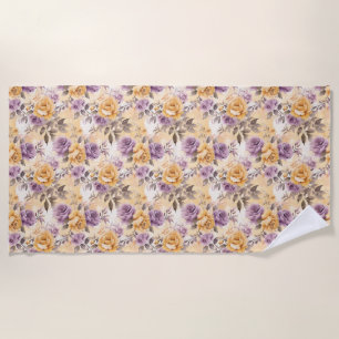 Seamless Rose In Yellow, Purple, and Lavender Beach Towel