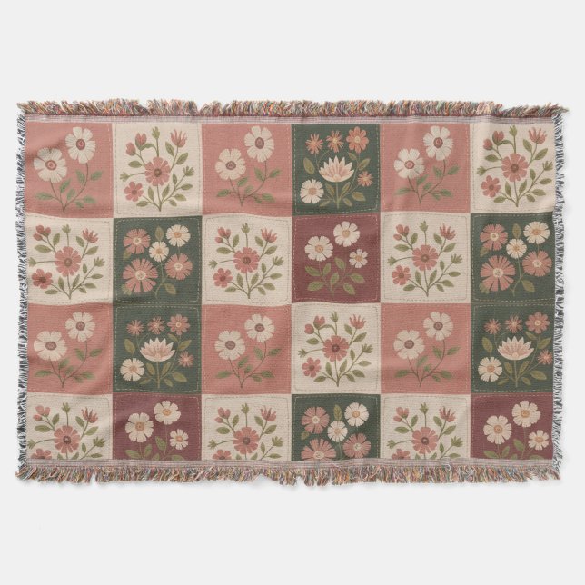 Seamless Rustic Floral Patchwork Throw Blanket (Front)