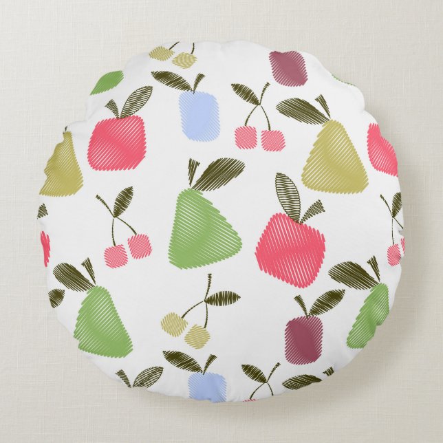Seamless scratched cartoon fruits apples pears che round cushion (Front)