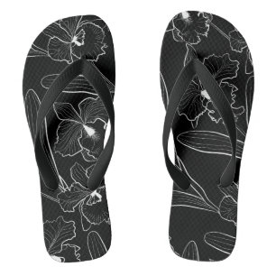 Seamless sketched orchid cattleya flowers tropical jandals
