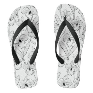 Seamless sketched orchid cattleya flowers tropical jandals