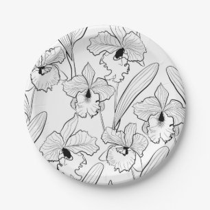Seamless sketched orchid cattleya flowers tropical paper plate