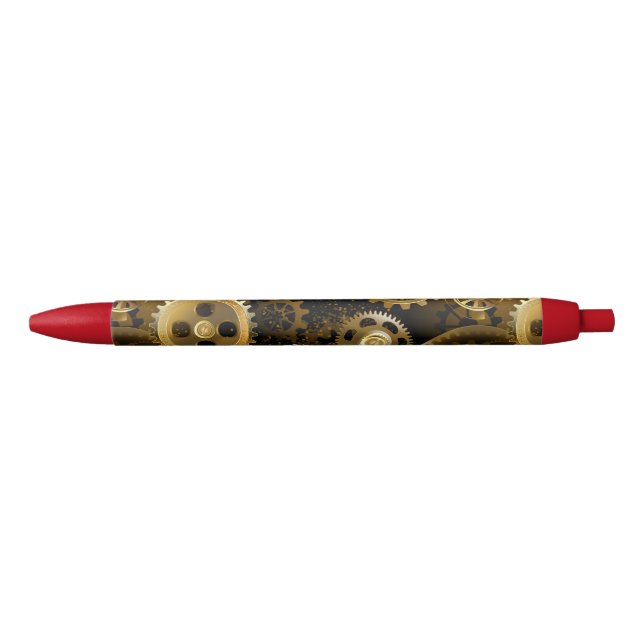 Seamless Steampunk Brass Gears Black Ink Pen (Front)