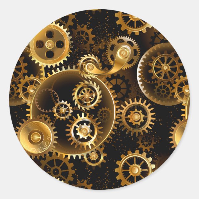 Seamless Steampunk Brass Gears Classic Round Sticker (Front)
