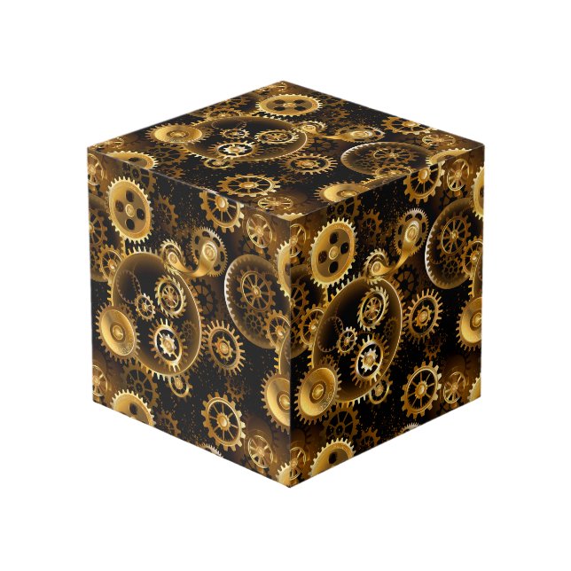 Seamless Steampunk Brass Gears Cube (Front Angled)