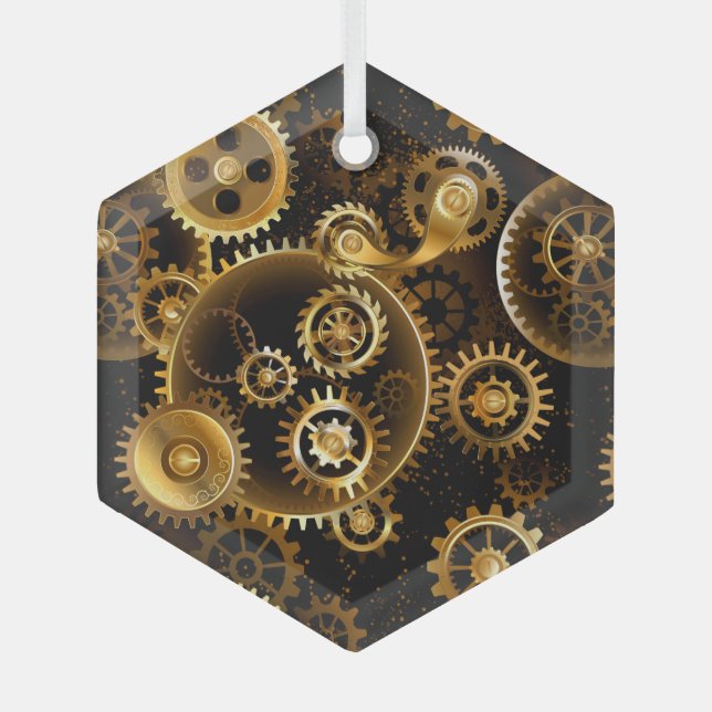 Seamless Steampunk Brass Gears Glass Tree Decoration (Front)
