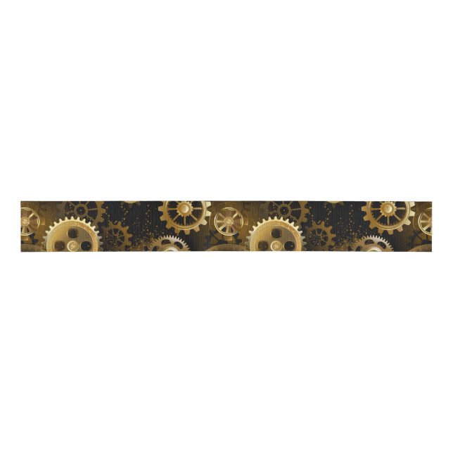 Seamless Steampunk Brass Gears Grosgrain Ribbon (Front)