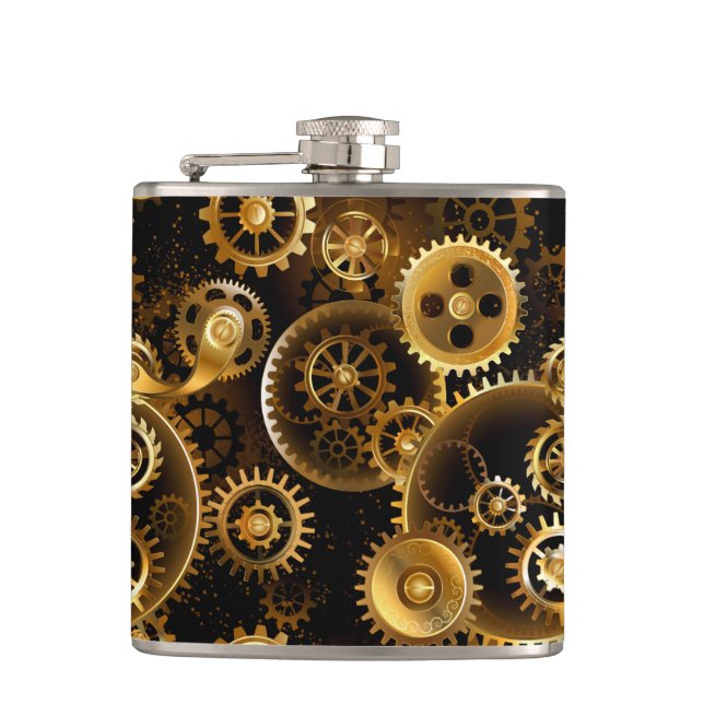 Seamless Steampunk Brass Gears Hip Flask (Front)