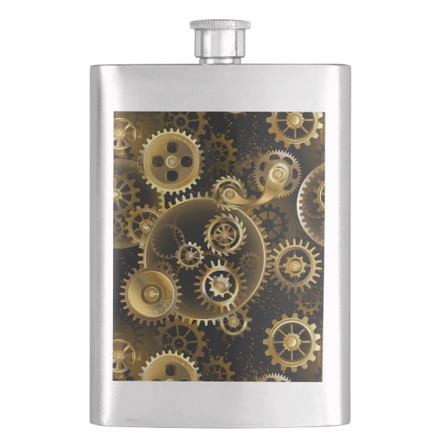 Seamless Steampunk Brass Gears Hip Flask (Front)
