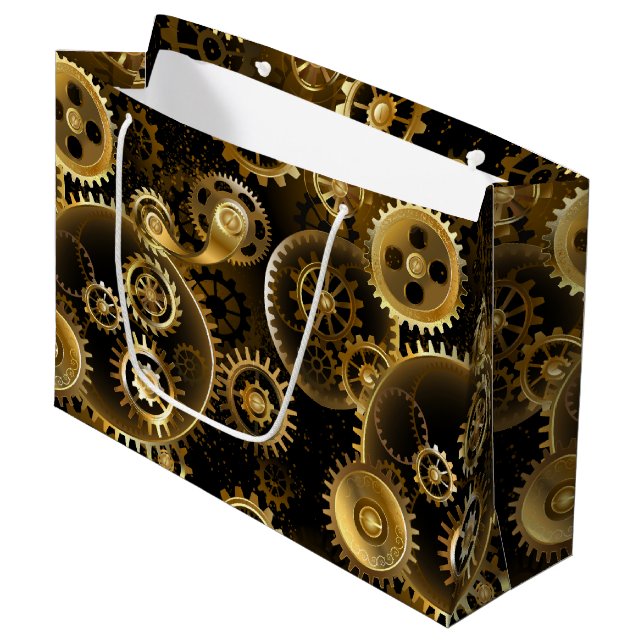 Seamless Steampunk Brass Gears Large Gift Bag (Front Angled)