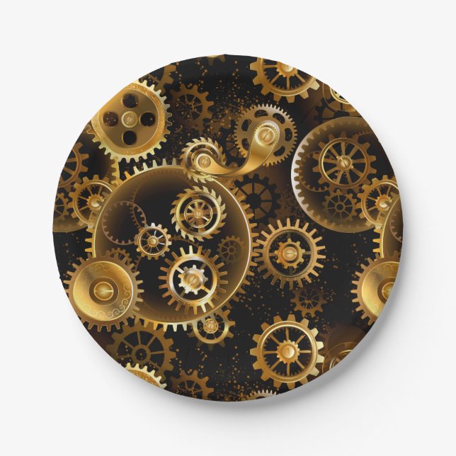 Seamless Steampunk Brass Gears Paper Plate (Front)
