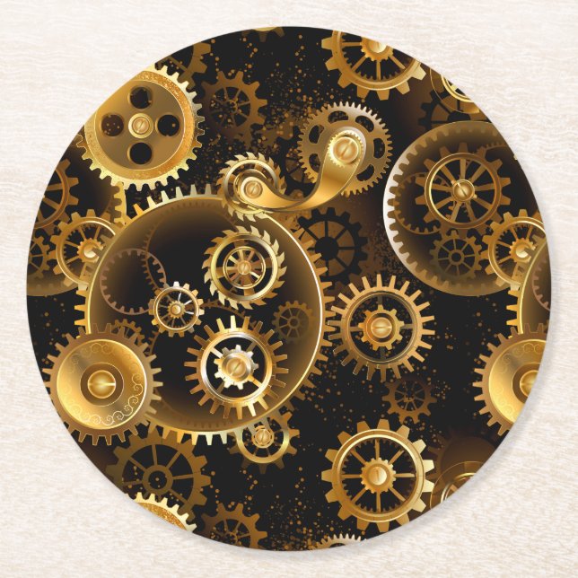 Seamless Steampunk Brass Gears Round Paper Coaster (Front)