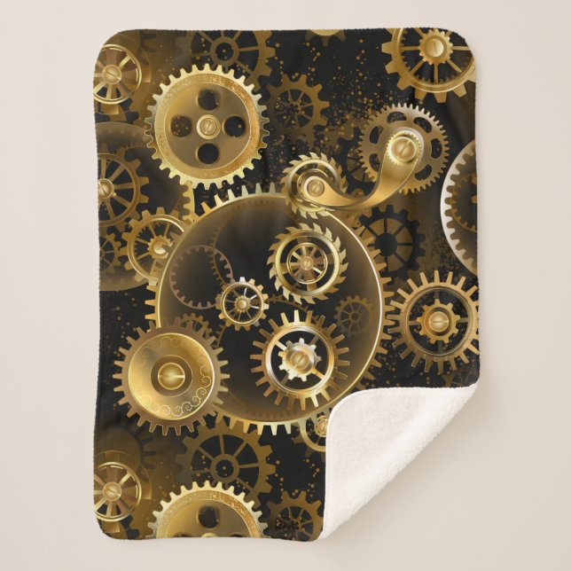 Seamless Steampunk Brass Gears Sherpa Blanket (Front)