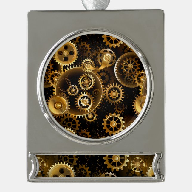 Seamless Steampunk Brass Gears Silver Plated Banner Ornament (Front)