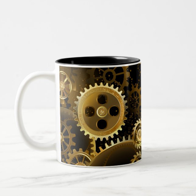 Seamless Steampunk Brass Gears Two-Tone Coffee Mug (Left)
