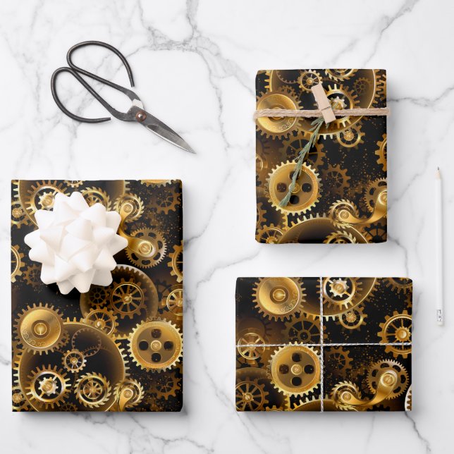 Seamless Steampunk Brass Gears Wrapping Paper Sheet (Front)