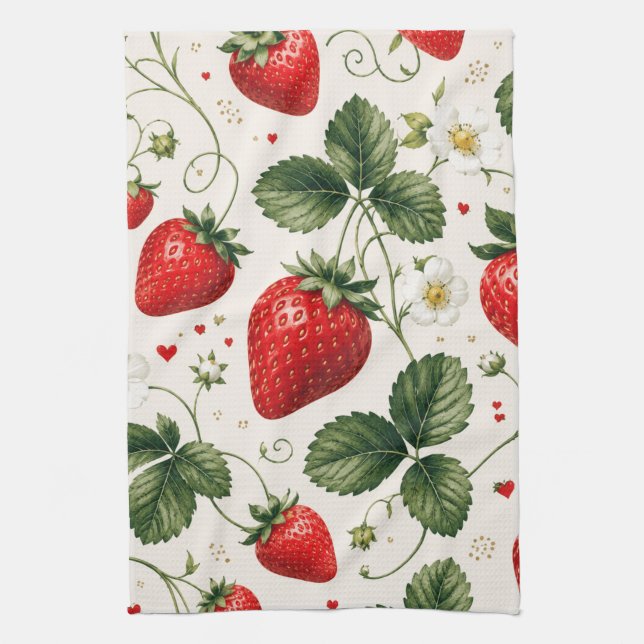 Seamless Strawberry Botanical Pattern VintageStyle Tea Towel (Vertical)
