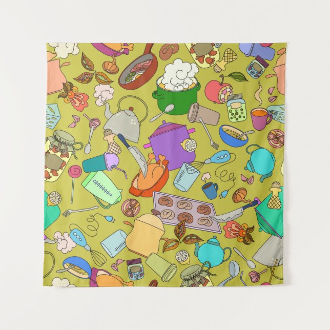 Seamless texture. Hand drawn doodles objects food  Tapestry (Front)