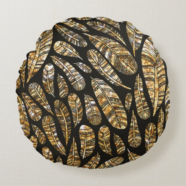 Seamless texture pattern of glowing golden feather round cushion (Front)