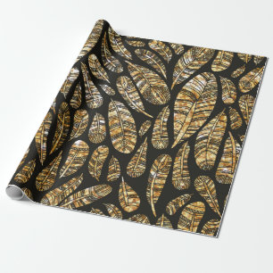 Seamless texture pattern of glowing golden feather wrapping paper