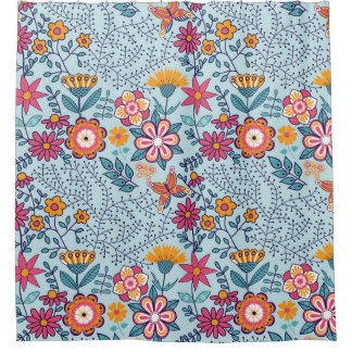 Seamless texture with flowers and butterflies. End Shower Curtain