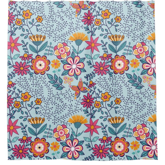 Seamless texture with flowers and butterflies. End Shower Curtain (Front)