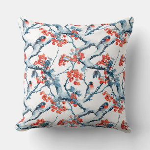 Seamless titmouse birds, winter snow branches, row cushion
