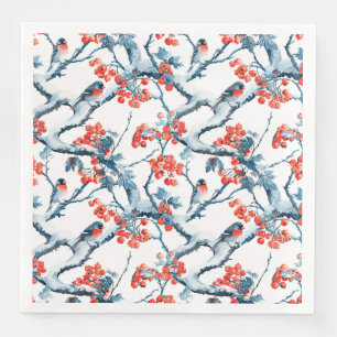 Seamless titmouse birds, winter snow branches, row napkin