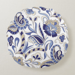 Seamless traditional Indian blue paisley patternpa Round Cushion