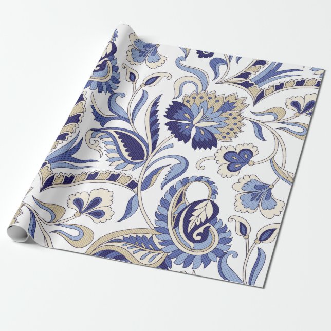 Seamless traditional Indian blue paisley patternpa Wrapping Paper (Unrolled)